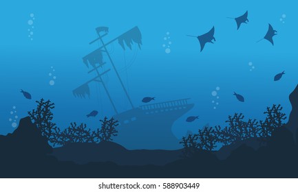 Ship stingray and fish on sea landscape