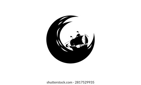 Ship in storm, black isolated vector silhouette