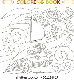 Ship in storm in the ocean, coloring page vector illustration