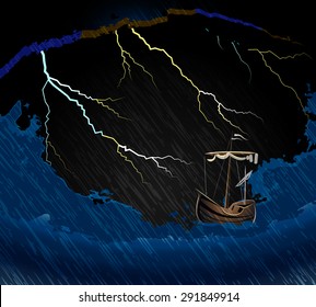 Ship in the storm on the waves in the sea and lightning vector illustration
