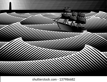 Ship in the storm in woodcut style, vector