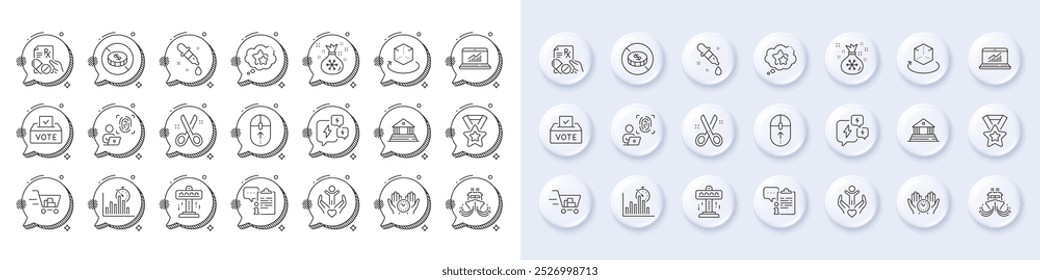 Ship, Stress and Volunteer line icons. White pin 3d buttons, chat bubbles icons. Pack of No cash, Chemistry pipette, Shopping cart icon. Swipe up, Santa sack, Online statistics pictogram. Vector