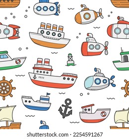 Ship and submarine doodle seamless pattern background wallpaper