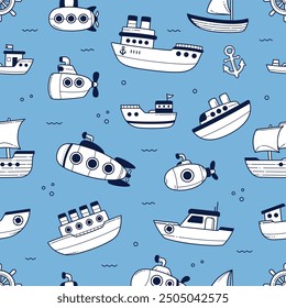 Ship and submarine doodle seamless pattern background wallpaper