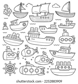 Ship and submarine doodle sketch hand drawn collection vector outline