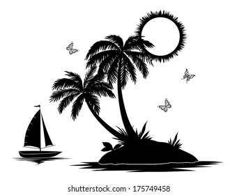 Ship, sun, tropical sea island with palm trees and butterflies