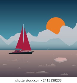 Barco al atardecer flotando en un hielo marino