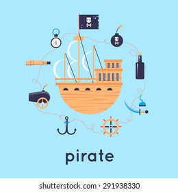 Ship is surrounded by pirates icons. Set of pirates design elements. Flat design vector illustration.