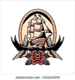 ship and swallows tattoo vector design