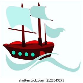 A ship swimming on waves of an ocean. This ship can be used as a logotype for travel organizations, rest activities and fishing companies. Vector illustration, isolated.