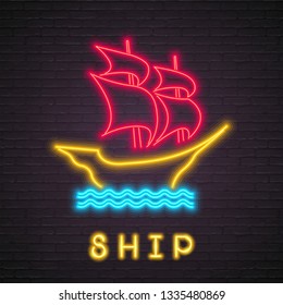 Ship Symbol Neon Light Glowing Vector Illustration with Dark Background