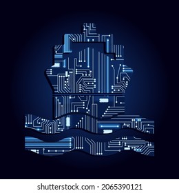 Ship symbol with a technological electronics circuit. Blue background.