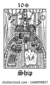 Ship. Tarot card from vector Lenormand Gothic Mysteries oracle deck. Black and white engraved illustration. Fantasy and mystic line art drawing. Gothic, occult and esoteric background