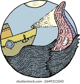 Navio e Tentáculo Sob Luz do Luar - Surreal Nautical Doodle