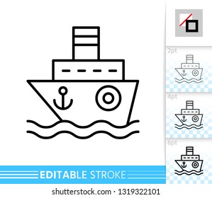 Ship Thin Line Icon. Boat Banner In Flat Style. Cruise Poster. Linear Pictogram. Simple Illustration, Outline Symbol. Vector Sign Isolated On White. Editable Stroke Icons Without Fill