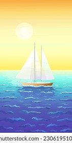 Un barco con tres velas o un yate navega sobre las olas del mar, con luces que resplandecen el sol y la puesta de sol. Un barco de tres mástiles. Fondo vertical. Ilustración vectorial.