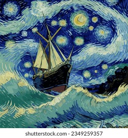 A ship through a storm on a starry night. Vector illustration inspired by the work of Vincent Van Gogh