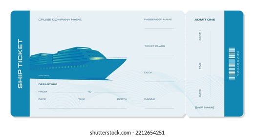 Plantilla de boleto de barco con un estilo moderno de colores azules. Para empresas de cruceros y viajes, para otros proyectos. Se puede usar para imprimir.