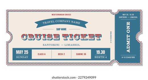 Ship ticket template in a vintage style in blue and red colors. For cruise and travel companies, for other projects. Can be used for printing.