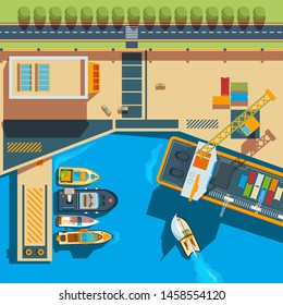 Ship top view. Seaside cargo boats dockyard terminal vector map above ship illustrations. Sea view top to port with ship, harbor marine