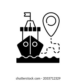 Ship tracking black linear icon. Automatic gps tracking system that uses transceivers on ships and boats. Satellites location finding. Outline symbol on white space. Vector isolated illustration
