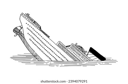 Barco, crucero transatlántico hundiéndose en medio del océano. Dibujo de dibujos animados en blanco y negro estilo ilustración vectorial aislada en fondo blanco.