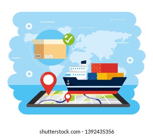 ship transport with smartphone gps location and box