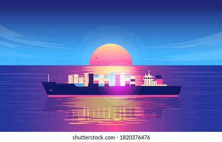 Ship transportation - Containership with cargo and goods sailing by sunset at open sea. International shipping, delivery and coast to coast concept. Vector illustration.