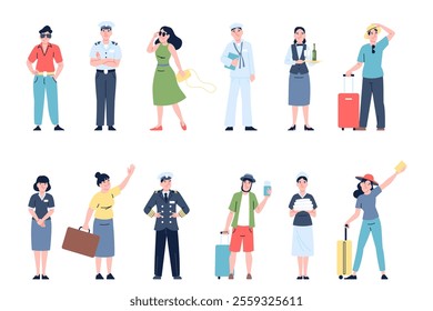 Ship travel characters. Yacht crew, service workers and travellers with luggage. Captain and boatswain, sailor man in uniform. Maritime recent vector set