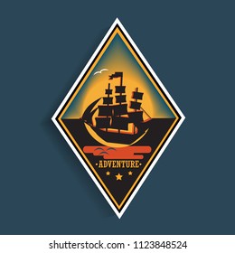 Ship  travel emblems. Camping adventure emblems for your buisness. Ship  tourism, adventure  in vintage style.