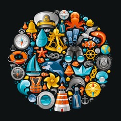 Ship Travel Icon Set Contains Lighthouse, Killer Whale, Starfish, Yacht, Octopus, Life Jacket, Porthole, Anchor, Binoculars, Yachting Emblem, Sextant, Compass Rose, Wheel And Other Sailing Symbols