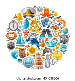 Ship travel icon set contains lighthouse, killer whale, starfish, yacht, octopus, life jacket, porthole, anchor, binoculars, yachting emblem, sextant, compass rose, wheel and other sailing symbols