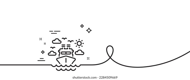 Ship travel line icon. Continuous one line with curl. Trip transport sign. Holidays cruise symbol. Ship travel single outline ribbon. Loop curve pattern. Vector