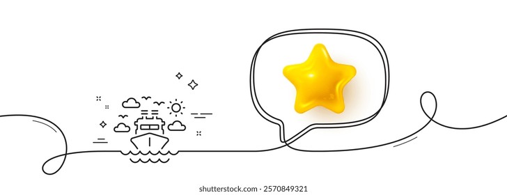 Ship travel line icon. Continuous line with 3d star. Trip transport sign. Holidays cruise symbol. 3d star in speech bubble. Ship travel single line ribbon. Loop curve pattern. Vector