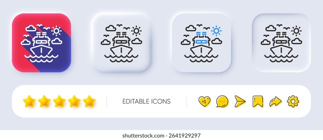 Ship travel line icon. Neumorphic, Flat shadow, 3d buttons. Trip transport sign. Holidays cruise symbol. Line ship travel icon. Social media icons. Vector