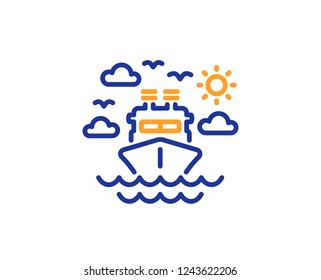 Ship travel line icon. Trip transport sign. Holidays cruise symbol. Colorful outline concept. Blue and orange thin line color Ship travel icon. Vector