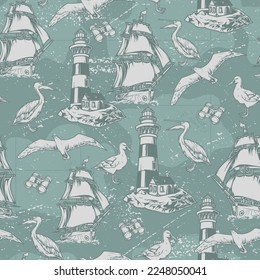 Patrón de viaje del buque monocromo sin fisuras con naves marinas de vela y gaviotas cercanas a faros para mostrar el camino hacia la ilustración vectorial del marinero