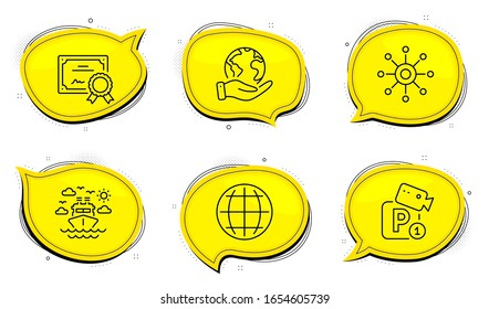 Ship Travel Sign. Diploma Certificate, Save Planet Chat Bubbles. Multichannel, Globe And Parking Security Line Icons Set. Multitasking, Internet World, Video Camera. Cruise Transport. Vector