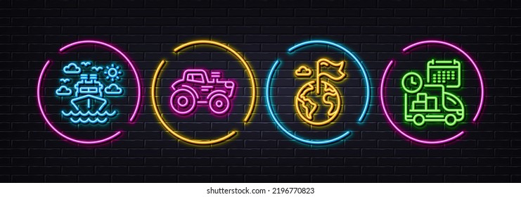 Ship travel, Tractor and Destination flag minimal line icons. Neon laser 3d lights. Delivery icons. For web, application, printing. Cruise transport, Farm transport, Map pointer. Vector