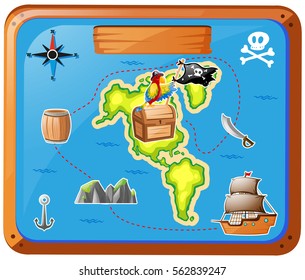 Ship travelling at sea with map illustration