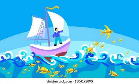 Ship travels in exotic sea, and flying fishes accompany him on the waves. The beautiful childrens illustration