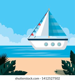 ship with tropical beach and plants leaves