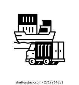 Ship and truck transporting container icon black fill style on isolated white background