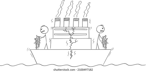 Ship with two captains or steersmen steering in opposite directions, boat is cracking and will sink, crisis of leadership,vector cartoon stick figure or character illustration.