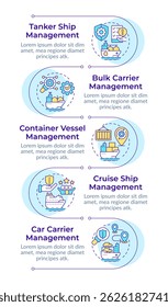Ship type management solutions infographic vertical sequence. Vessels with different functions. Visualization infochart with 5 steps. Circles workflow