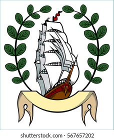 The ship under full sail with a banner and laurel branches. Drawing in the style of Old School Tattoos