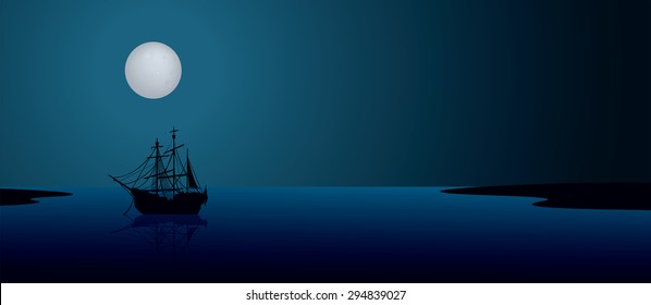 Ship under the moonlight. Night scene landscape illustration