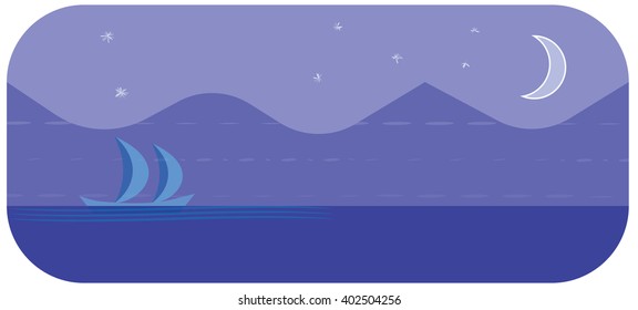 Ship under sails, nighttime voyage, sea landscape vector