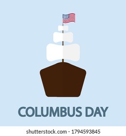 Ship with usa flag for columbus day in flat design, vector art illustration.