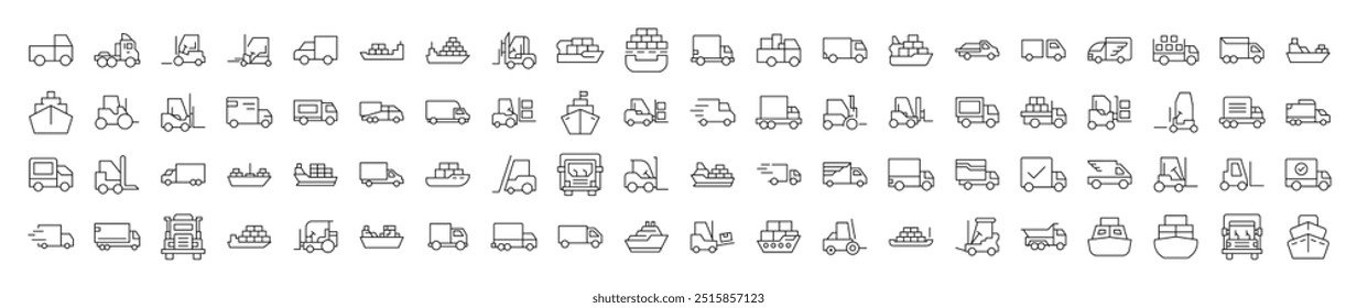 Schiff, Van, Traktor Line Icon Paket. Bearbeitbarer Strich. Minimalistisches lineares Piktogramm für das Design von Karten, Apps, Bannern, Posts